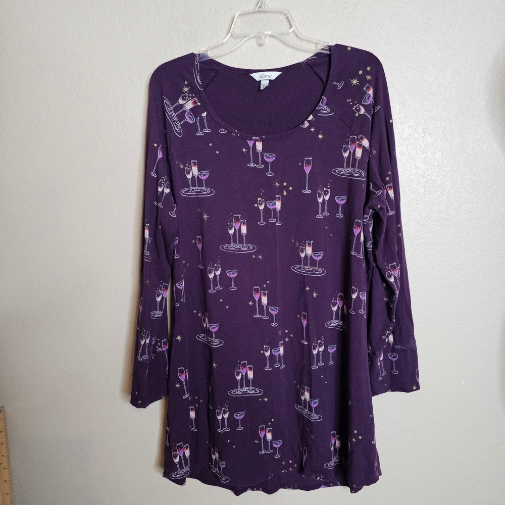 Soma Purple Cocktail Champagne Glass Print Long Sleeve Nightgown Shirt XL